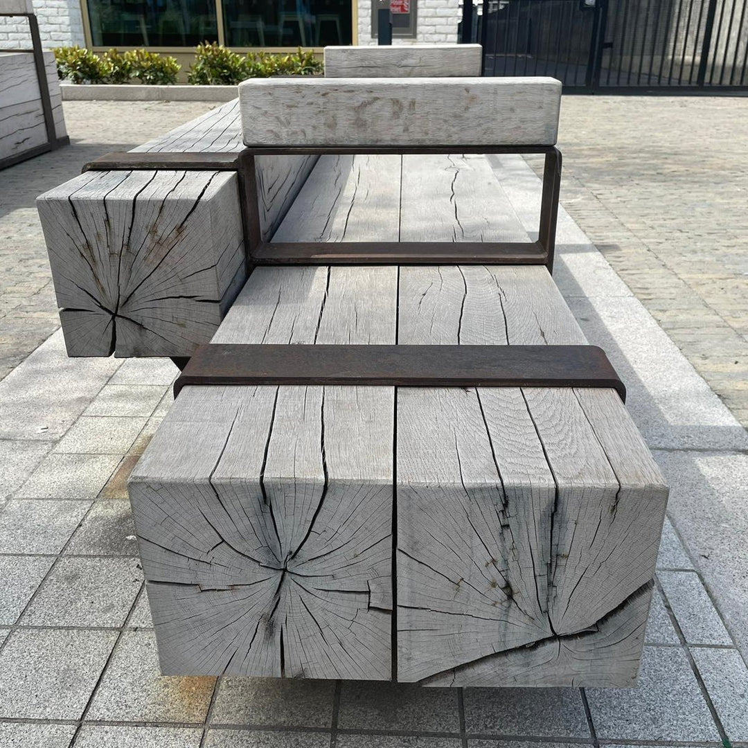 Corten Strapped Wood Bench - Supported