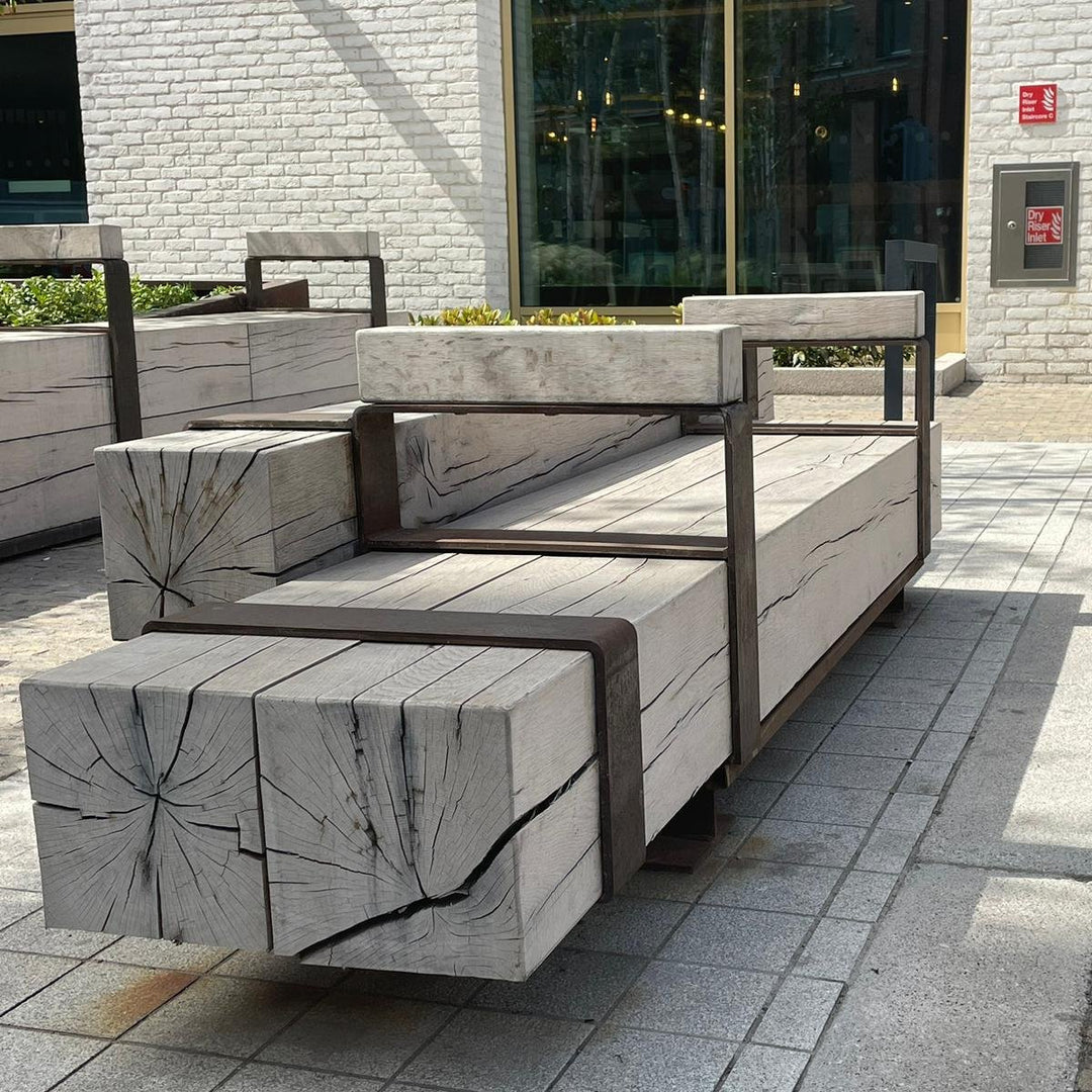 Corten Strapped Wood Bench - Supported